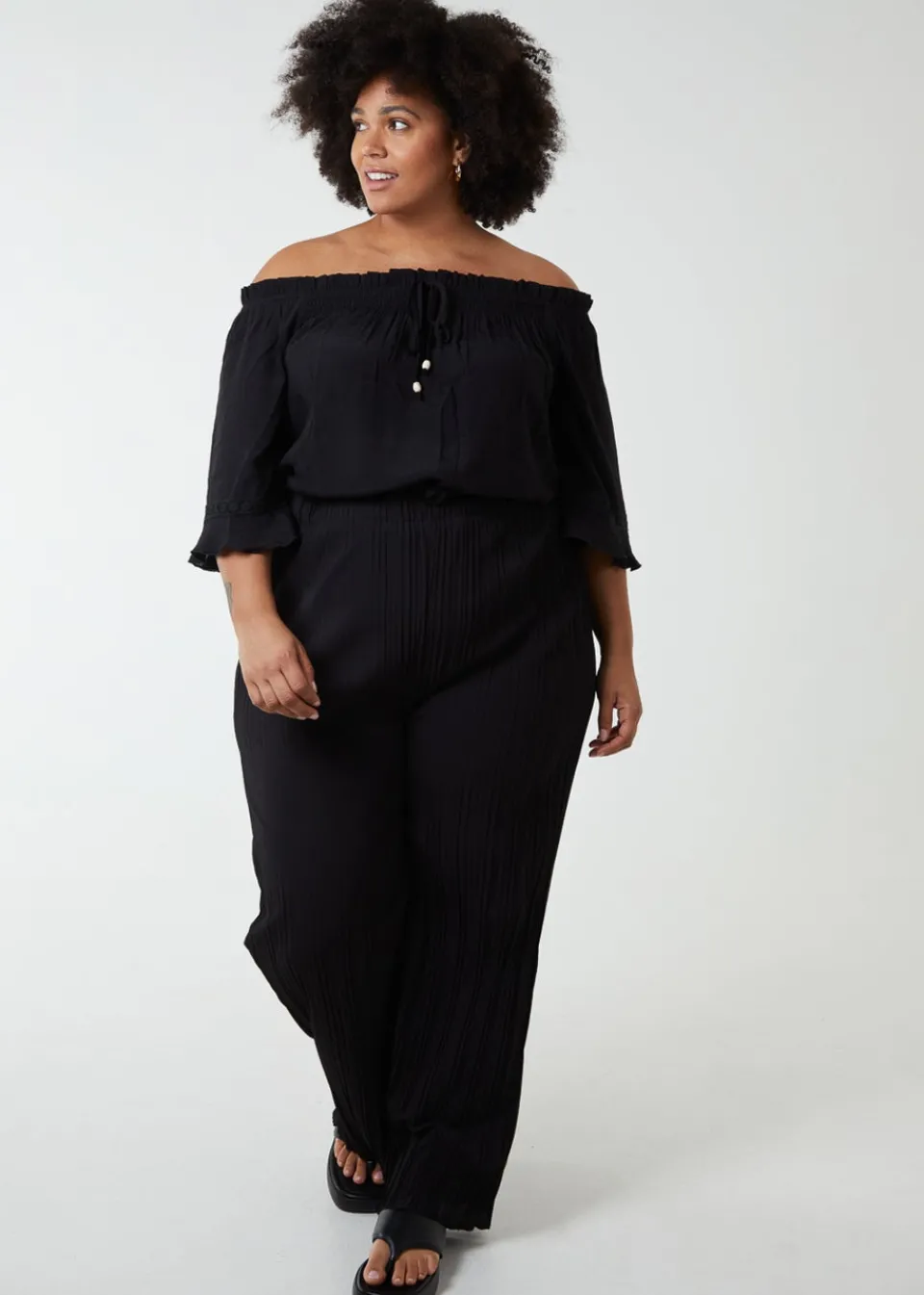 Tops>Blue Vanilla Curve Bardot Tie Front Top Black