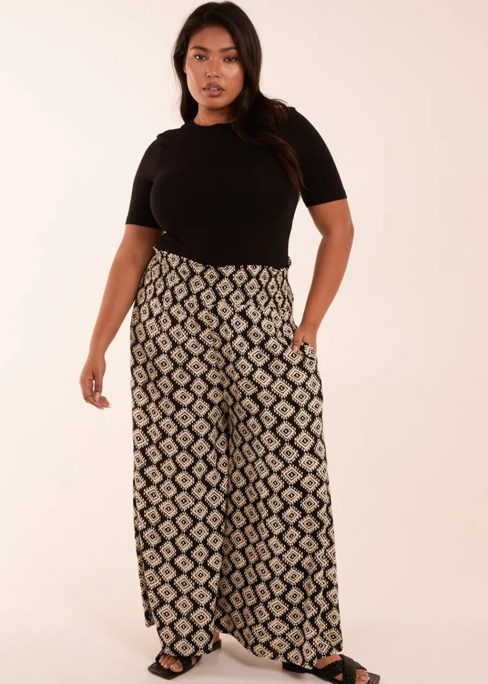 Trousers>Blue Vanilla Black Curve Shirred Wide Leg Aztec Trouser