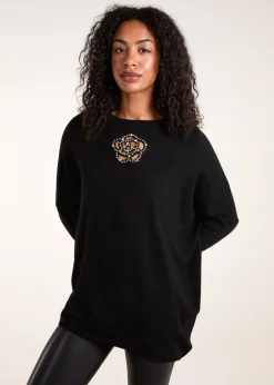 Knitwear>Blue Vanilla Black Cut Out Flower Pearl Details Jumpers