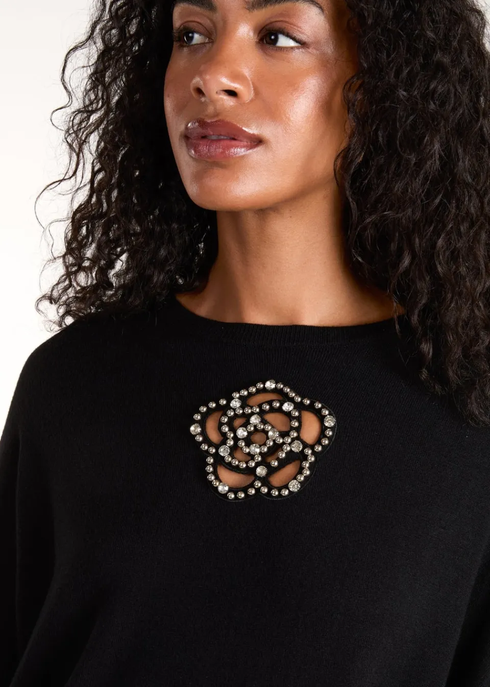 Knitwear>Blue Vanilla Black Cut Out Flower Pearl Details Jumpers