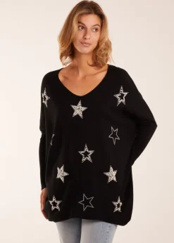 Tops>Blue Vanilla Diamante Pearl Star Jumper Black