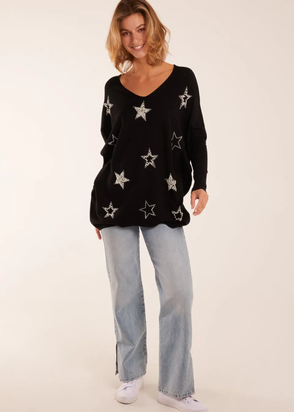 Tops>Blue Vanilla Diamante Pearl Star Jumper Black