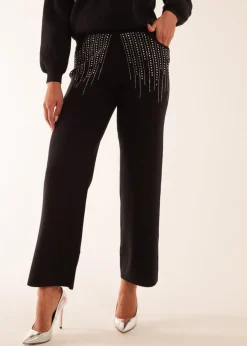 Trousers>Blue Vanilla Diamante Knitted Flared Trousers Black