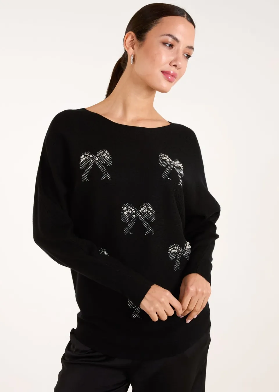 Tops>Blue Vanilla Black Embellished Bows Knitted Jumper