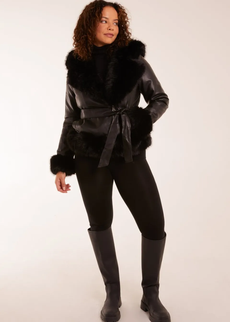 Coats & Jackets>Blue Vanilla Faux Fur Cropped Leather Look Jacket Black