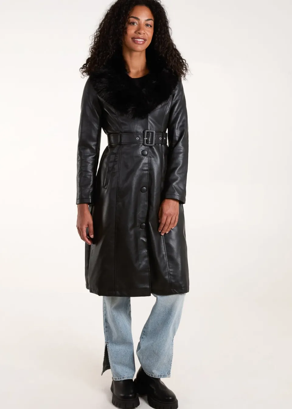 Coats & Jackets>Blue Vanilla Black Faux Fur Longline Coat