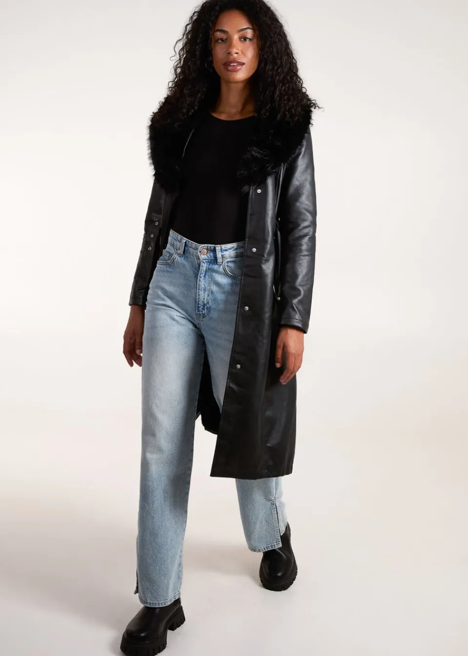 Coats & Jackets>Blue Vanilla Black Faux Fur Longline Coat