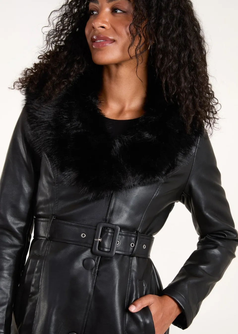 Coats & Jackets>Blue Vanilla Black Faux Fur Longline Coat