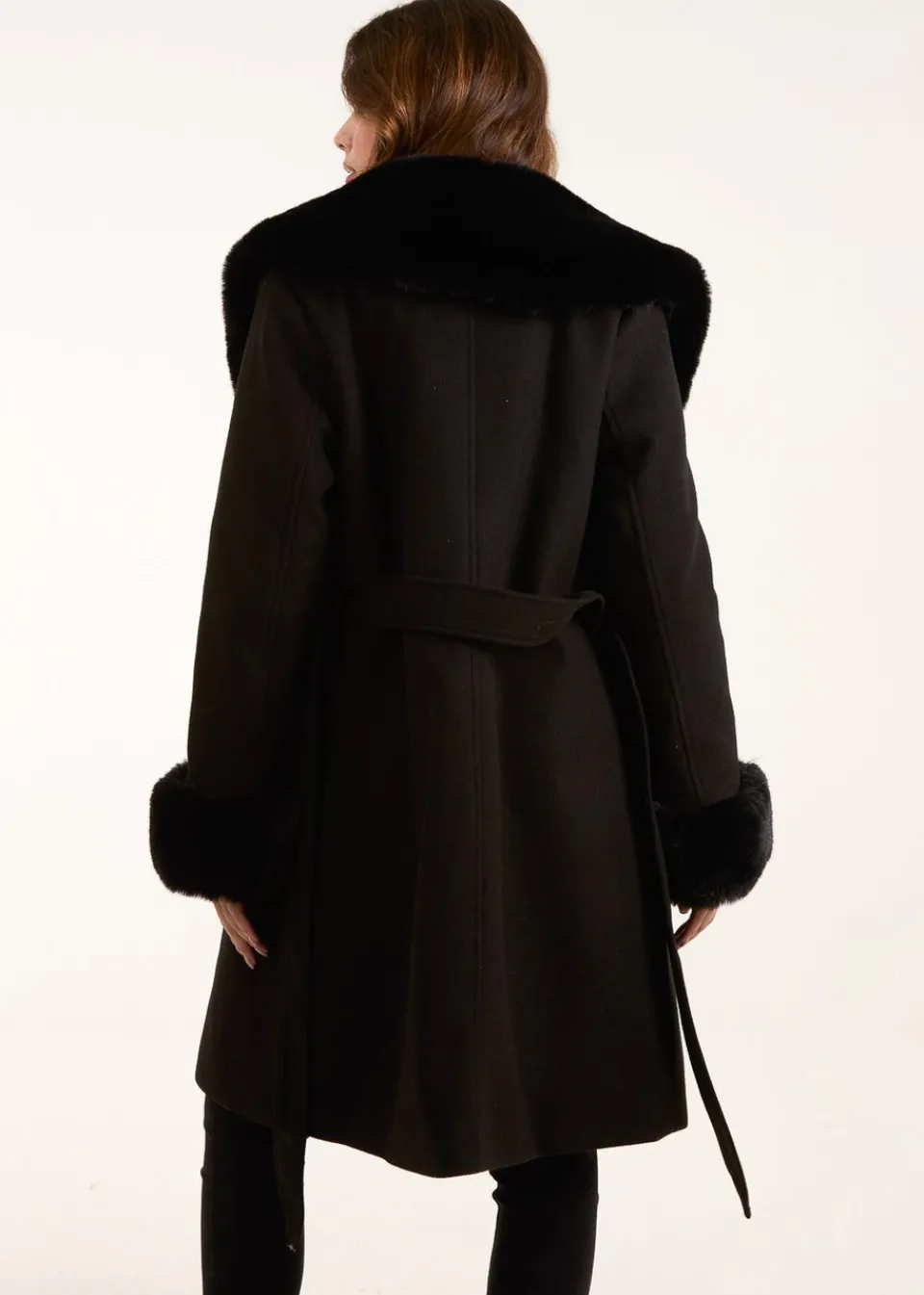 Coats & Jackets>Blue Vanilla Black Faux Fur Belted Coat