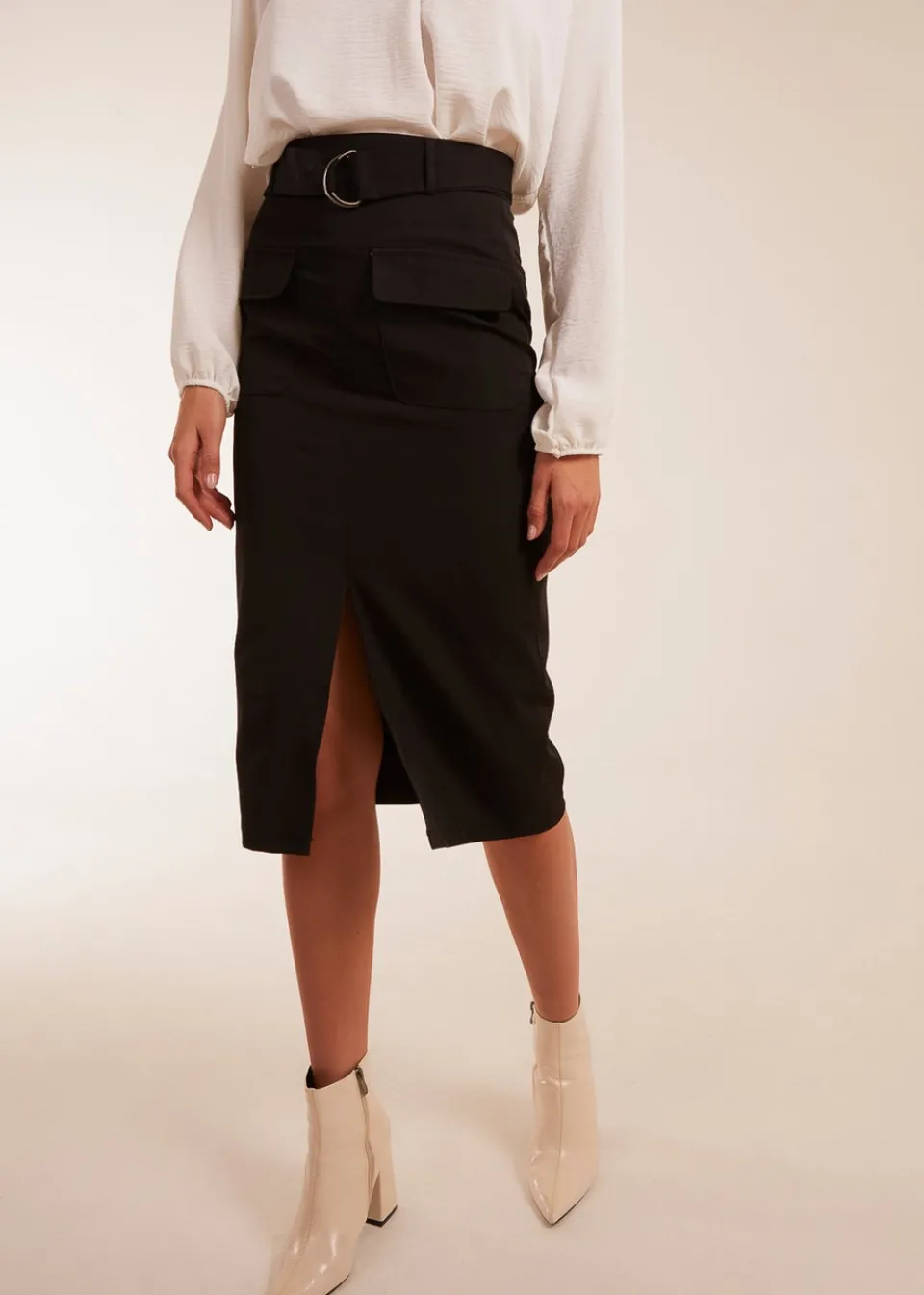 Skirts>Blue Vanilla Black Front Split Midi Utility Skirt