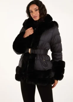 Coats & Jackets>Blue Vanilla Black Fur Trim Belted Puffer Coat