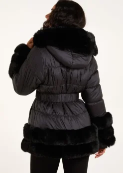 Coats & Jackets>Blue Vanilla Black Fur Trim Belted Puffer Coat