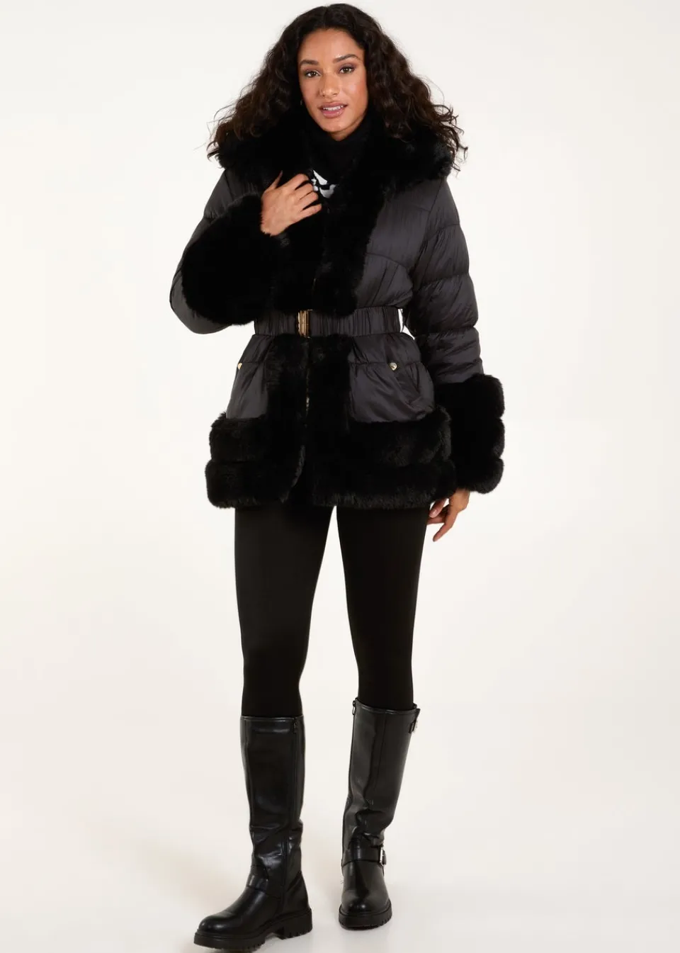 Coats & Jackets>Blue Vanilla Black Fur Trim Belted Puffer Coat
