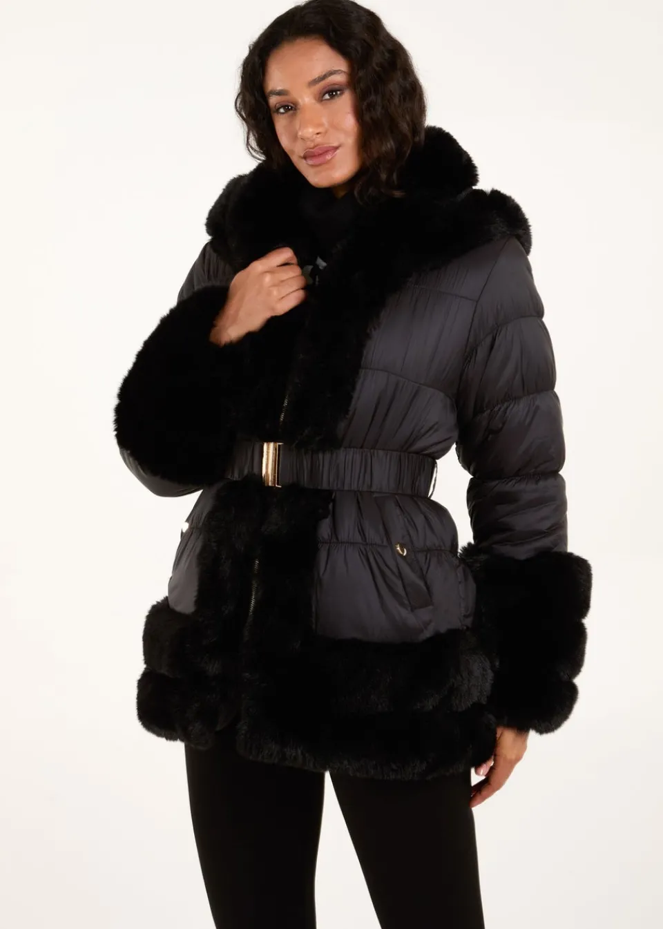 Coats & Jackets>Blue Vanilla Black Fur Trim Belted Puffer Coat
