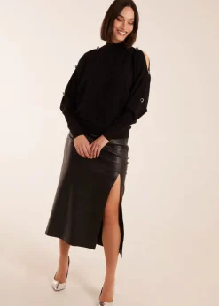 Tops>Blue Vanilla Black High Neck Heart Diamante Cold Shoulder Jumper