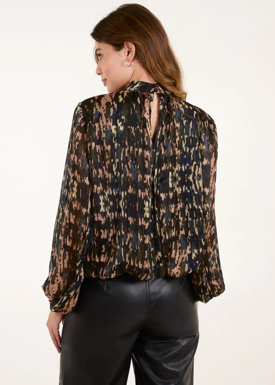 Tops>Blue Vanilla Black High Neck Abstract Cuff Sleeve Blouse