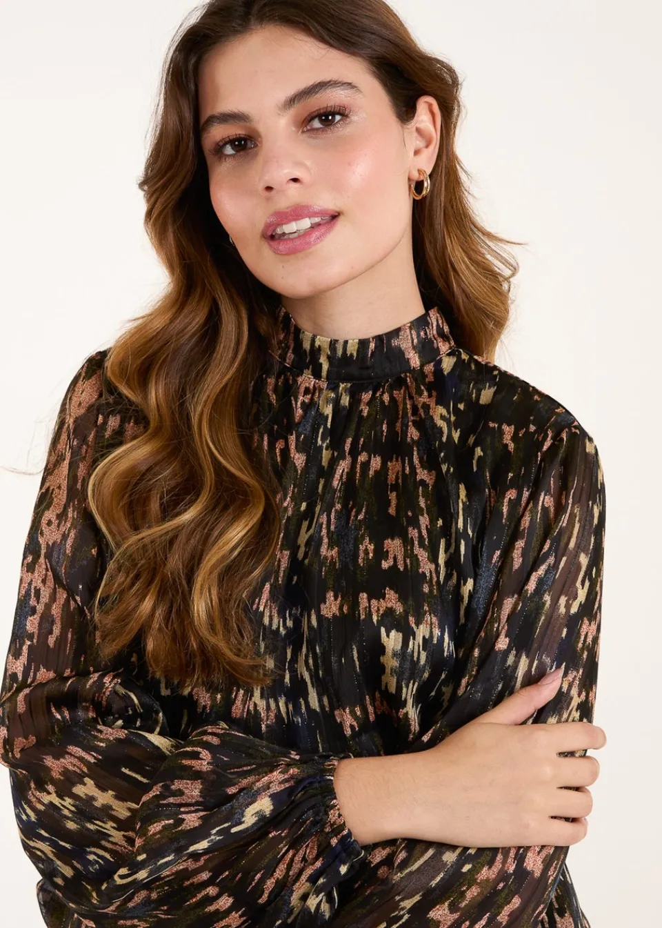 Tops>Blue Vanilla Black High Neck Abstract Cuff Sleeve Blouse