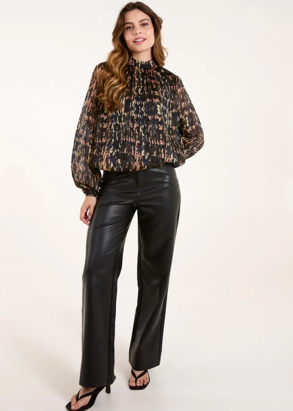 Tops>Blue Vanilla Black High Neck Abstract Cuff Sleeve Blouse