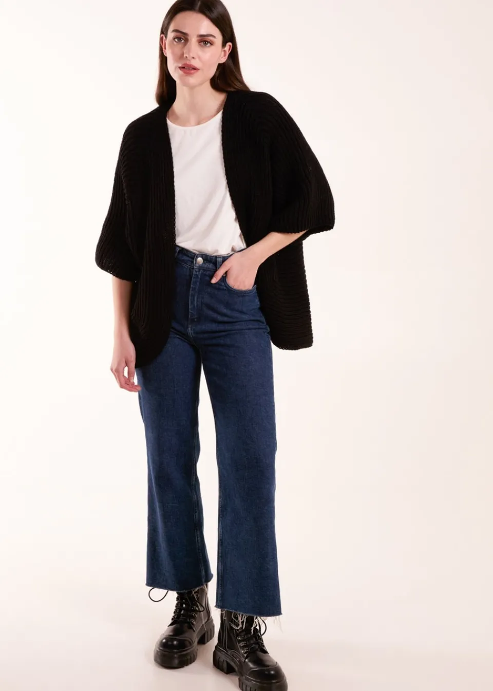 Tops>Blue Vanilla Knitted Mid Length Cardigan Black