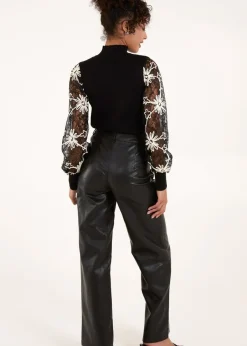 Tops>Blue Vanilla Black Lace Sleeve High Neck Jumper
