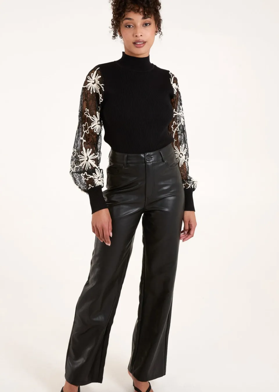 Tops>Blue Vanilla Black Lace Sleeve High Neck Jumper