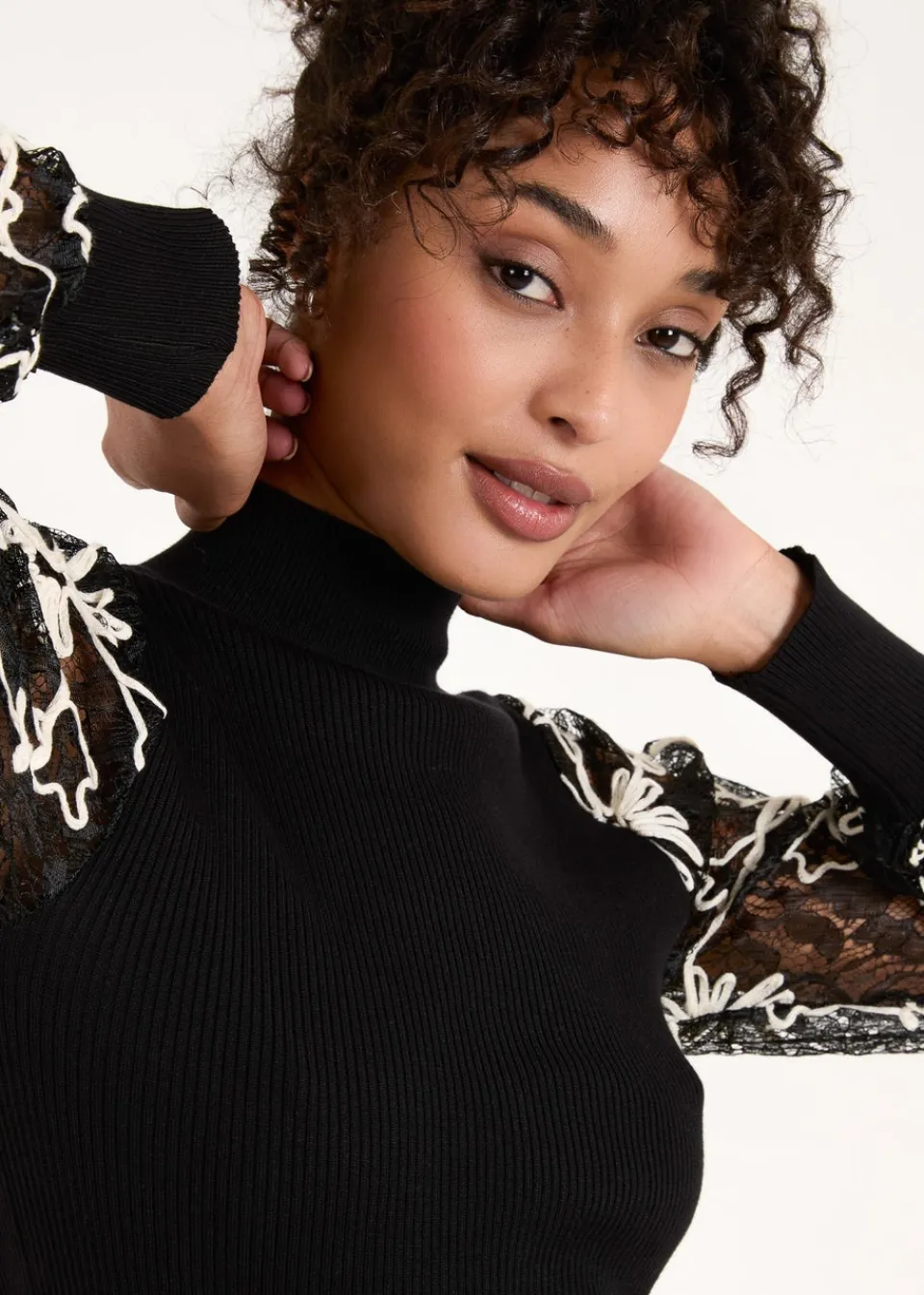 Tops>Blue Vanilla Black Lace Sleeve High Neck Jumper