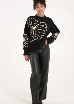 Tops>Blue Vanilla Black Large Flower Embroidery Jumper