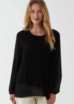 Tops>Blue Vanilla Black Long Sleeve Pleated Top