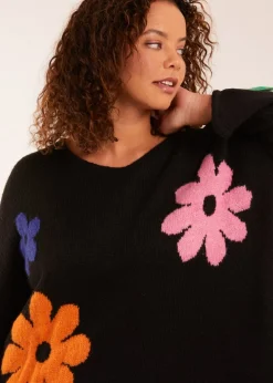 Tops>Blue Vanilla Multi Coloured Flower Jumper Black