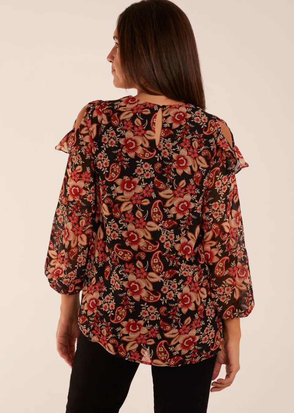 Tops>Blue Vanilla Black Pattern Cold Shoulder Frill Blouse