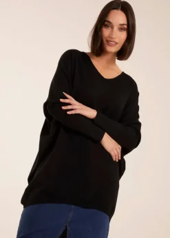 Tops>Blue Vanilla Black Plain V Neck Jumper