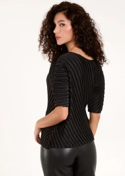 Tops>Blue Vanilla Black Pleated Satin Asymmetric Top
