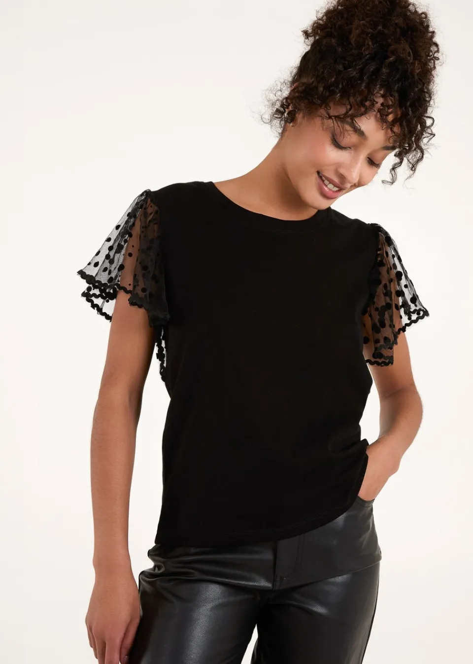 Tops>Blue Vanilla Black Polka Dot Mesh Sleeve T-Shirt