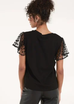 Tops>Blue Vanilla Black Polka Dot Mesh Sleeve T-Shirt