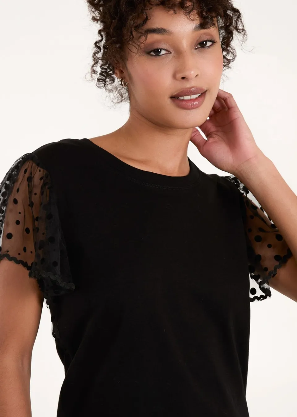 Tops>Blue Vanilla Black Polka Dot Mesh Sleeve T-Shirt