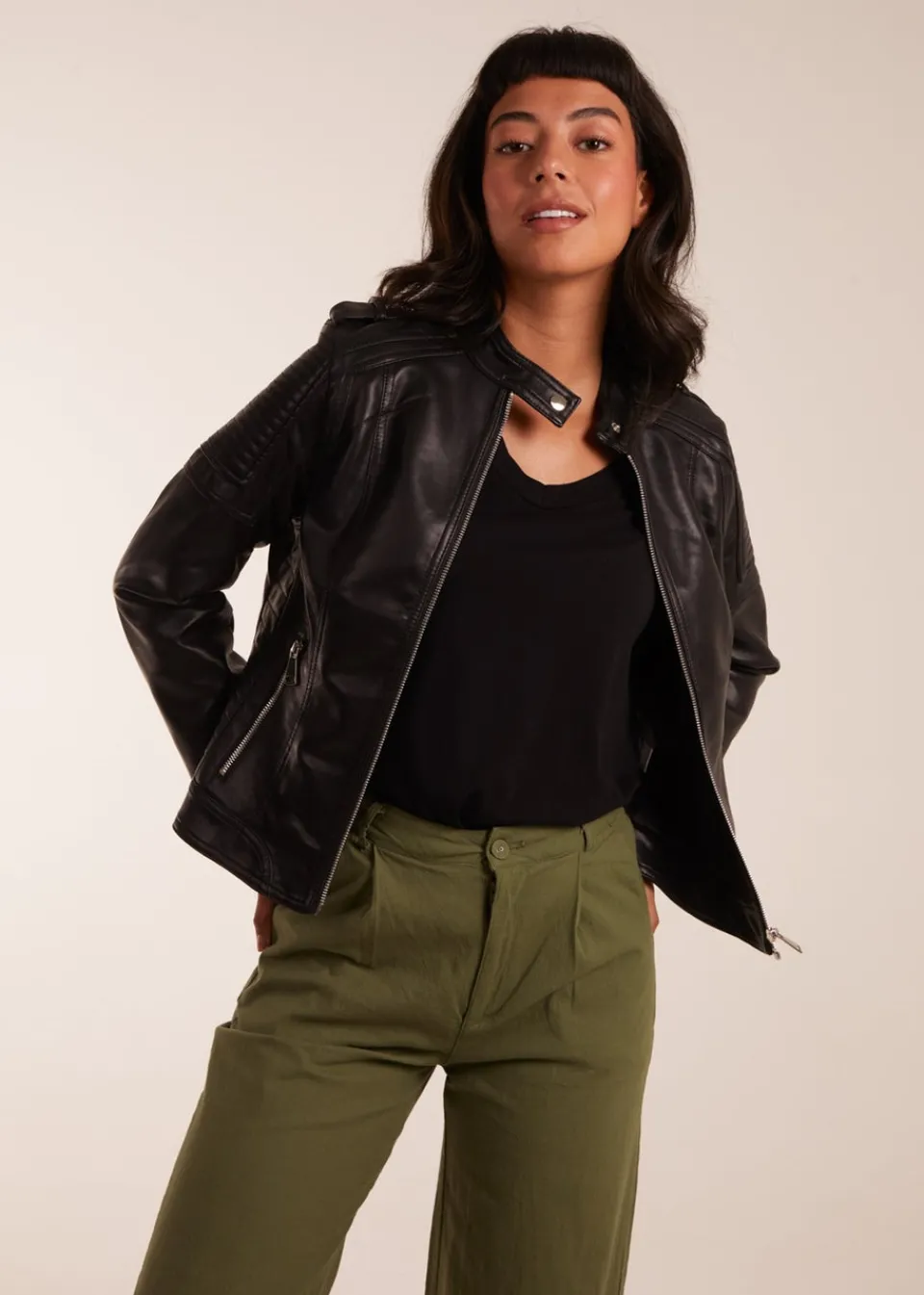 Coats & Jackets>Blue Vanilla Black PU Leather Zip Through Biker Jacket