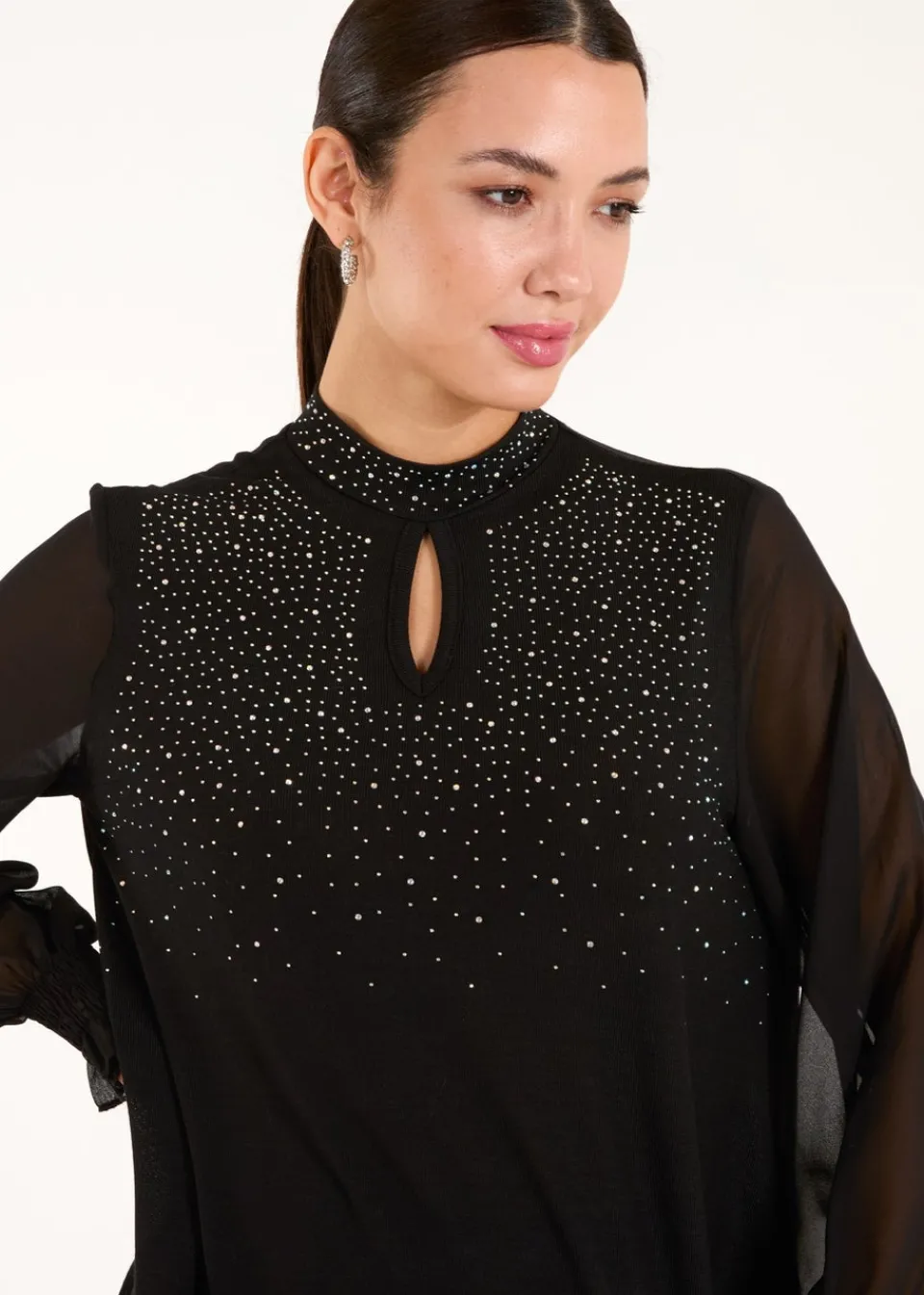 Tops>Blue Vanilla Black Rhinestone High Neck Top