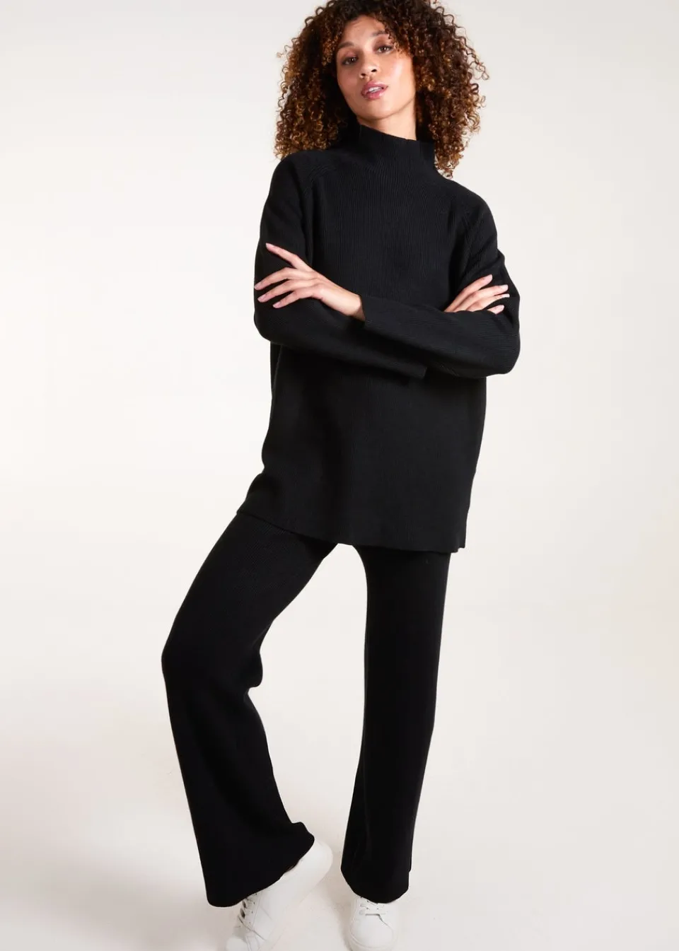 Tops>Blue Vanilla Black Ribbed High Neck Co-Ord Set