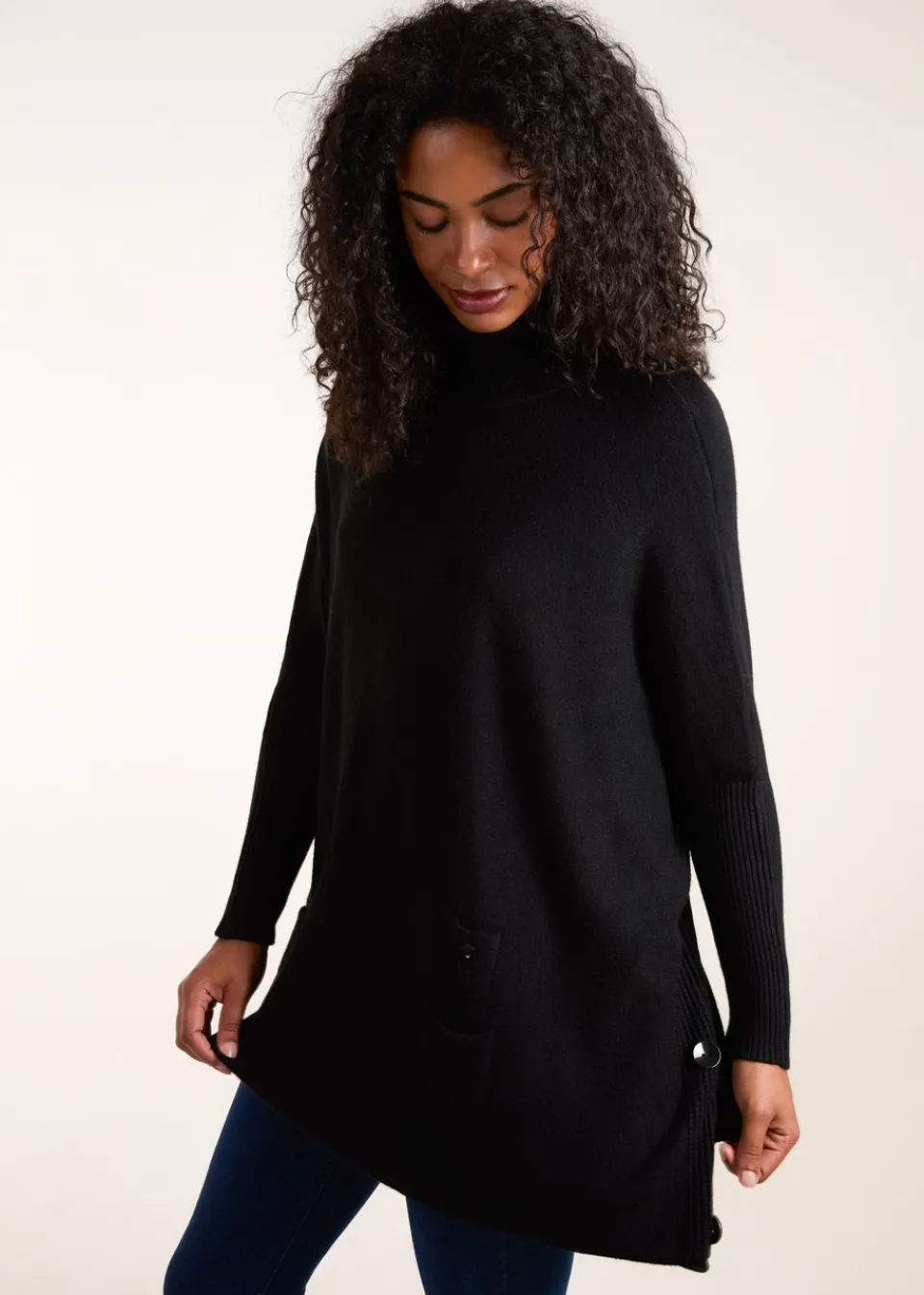 Knitwear>Blue Vanilla Black Roll Neck Button Mini Pocket Jumper