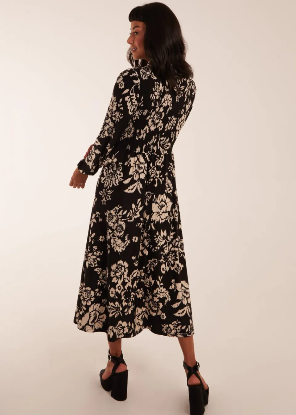 Dresses>Blue Vanilla Black Shirred Bust Long Sleeve Midi Shirt Dress
