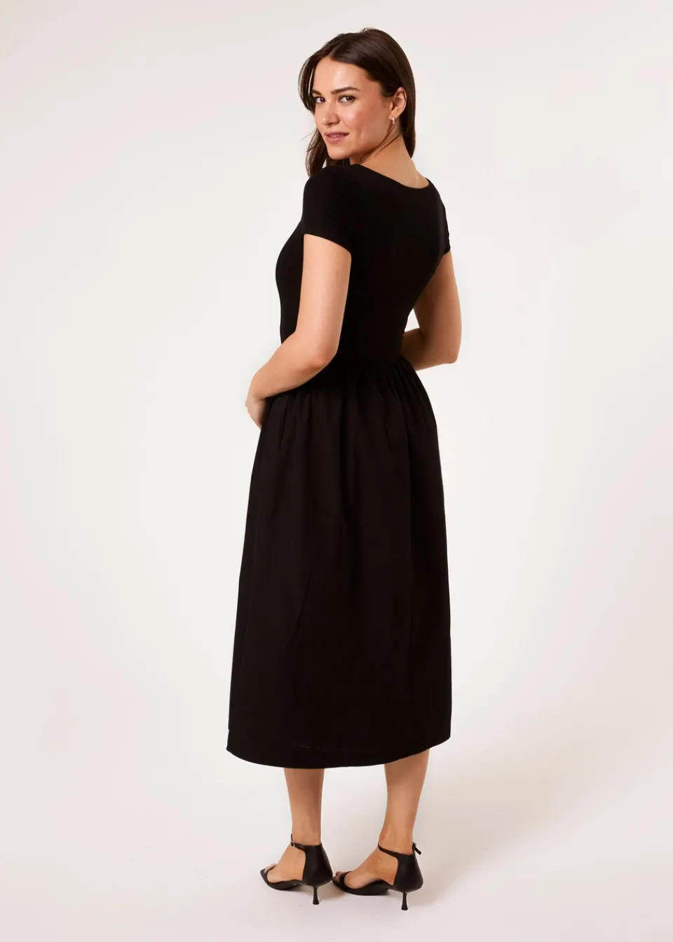 Dresses>Blue Vanilla Black Square Neck Mix Fabric Midi Dress