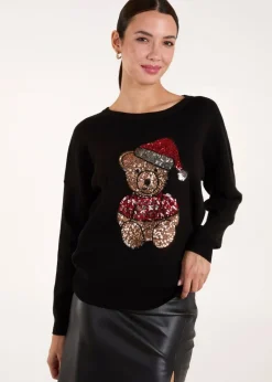Tops>Blue Vanilla Black Teddy Bear Christmas Jumper