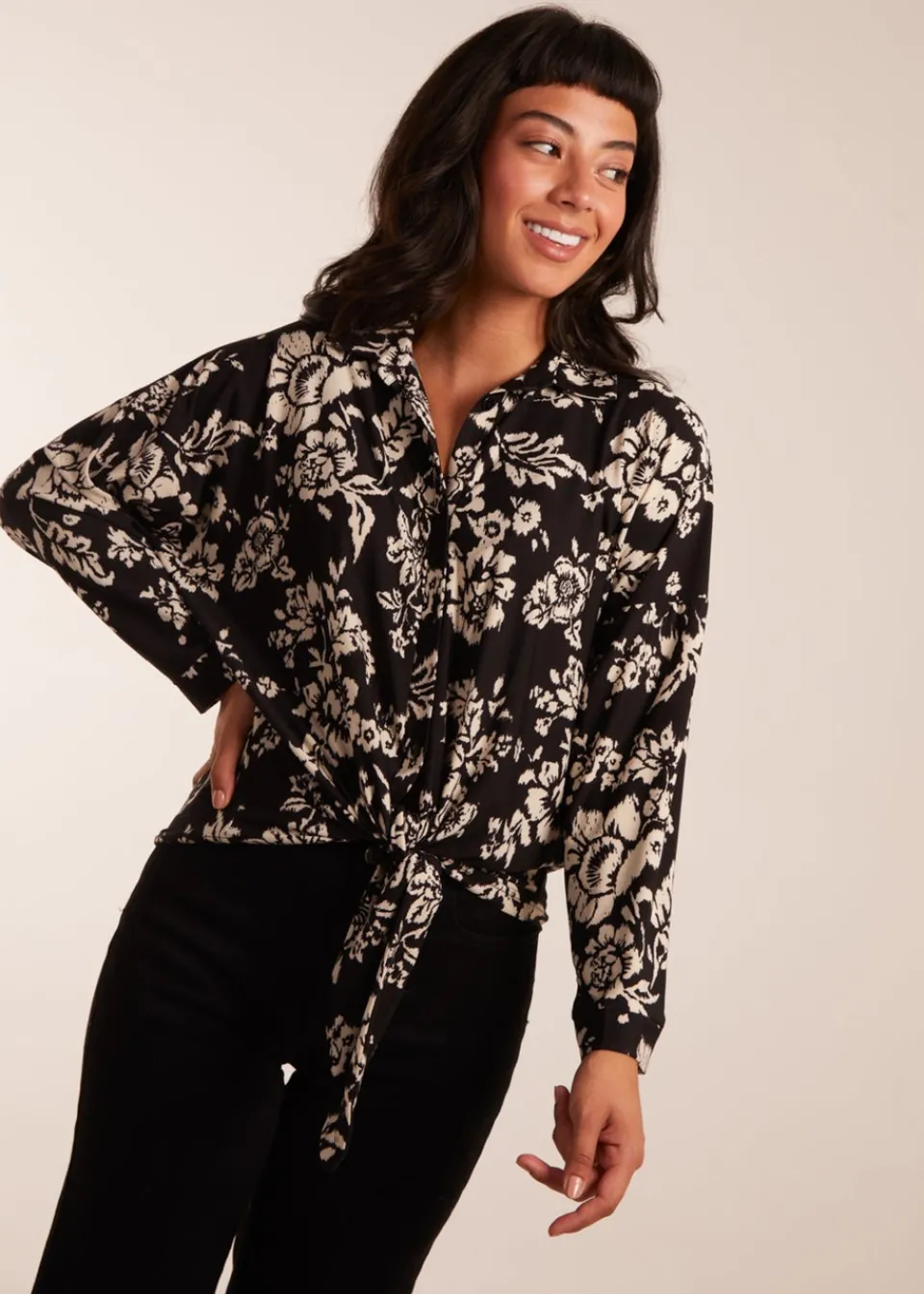 Tops>Blue Vanilla Black Tie Front Oversized Shirt