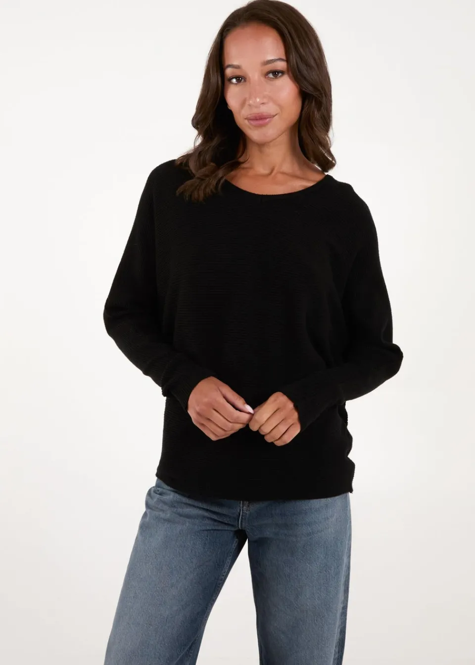 Tops>Blue Vanilla Black V Neck Ribbed Jumper
