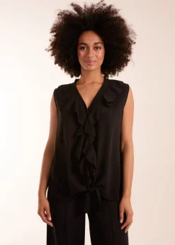 Tops>Blue Vanilla V Neck Ruffle Top with Knot Black