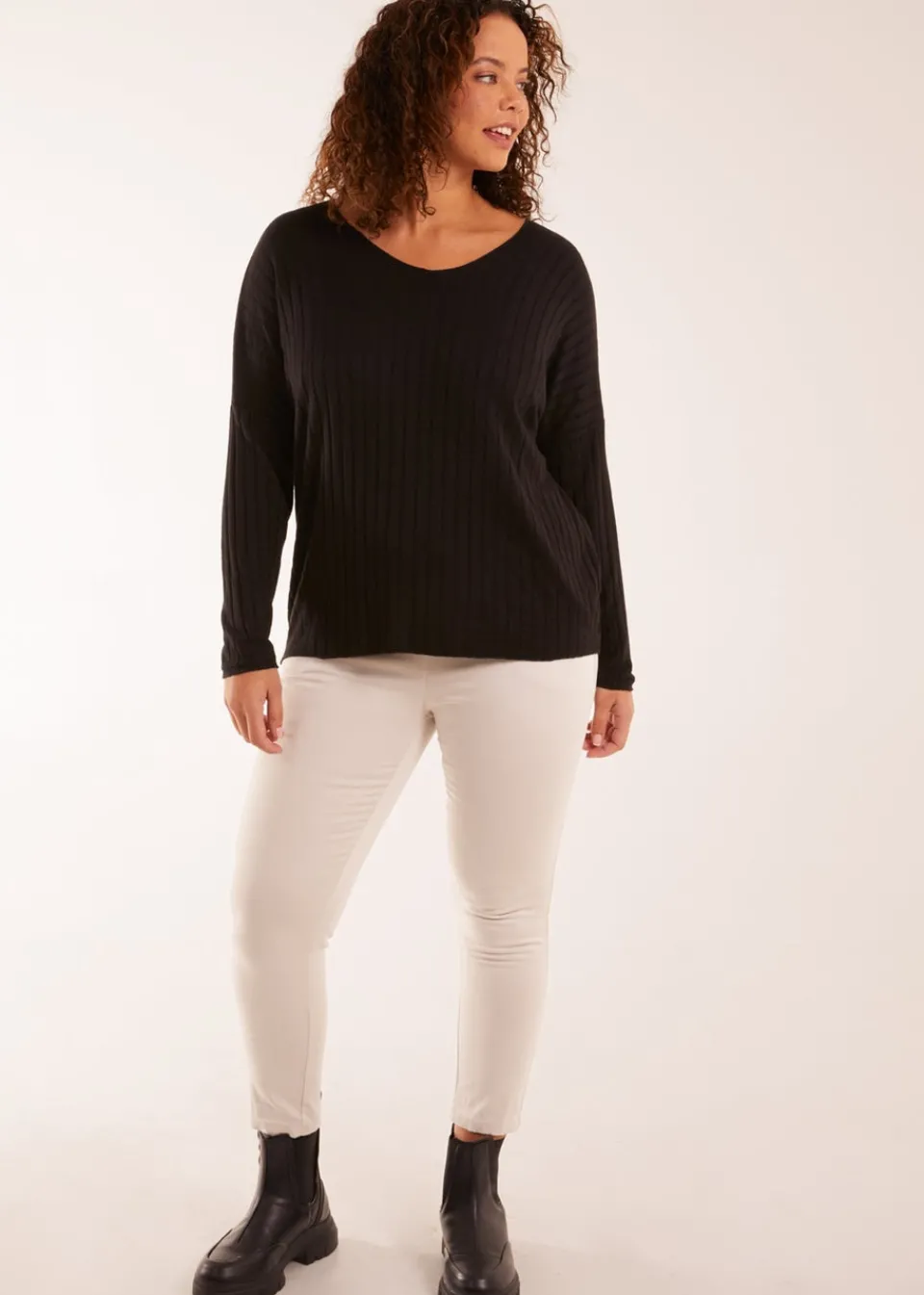 Tops>Blue Vanilla V-Neck Ribbed Jumper Black