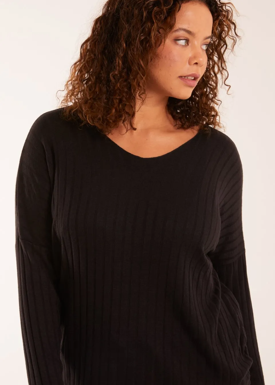 Tops>Blue Vanilla V-Neck Ribbed Jumper Black