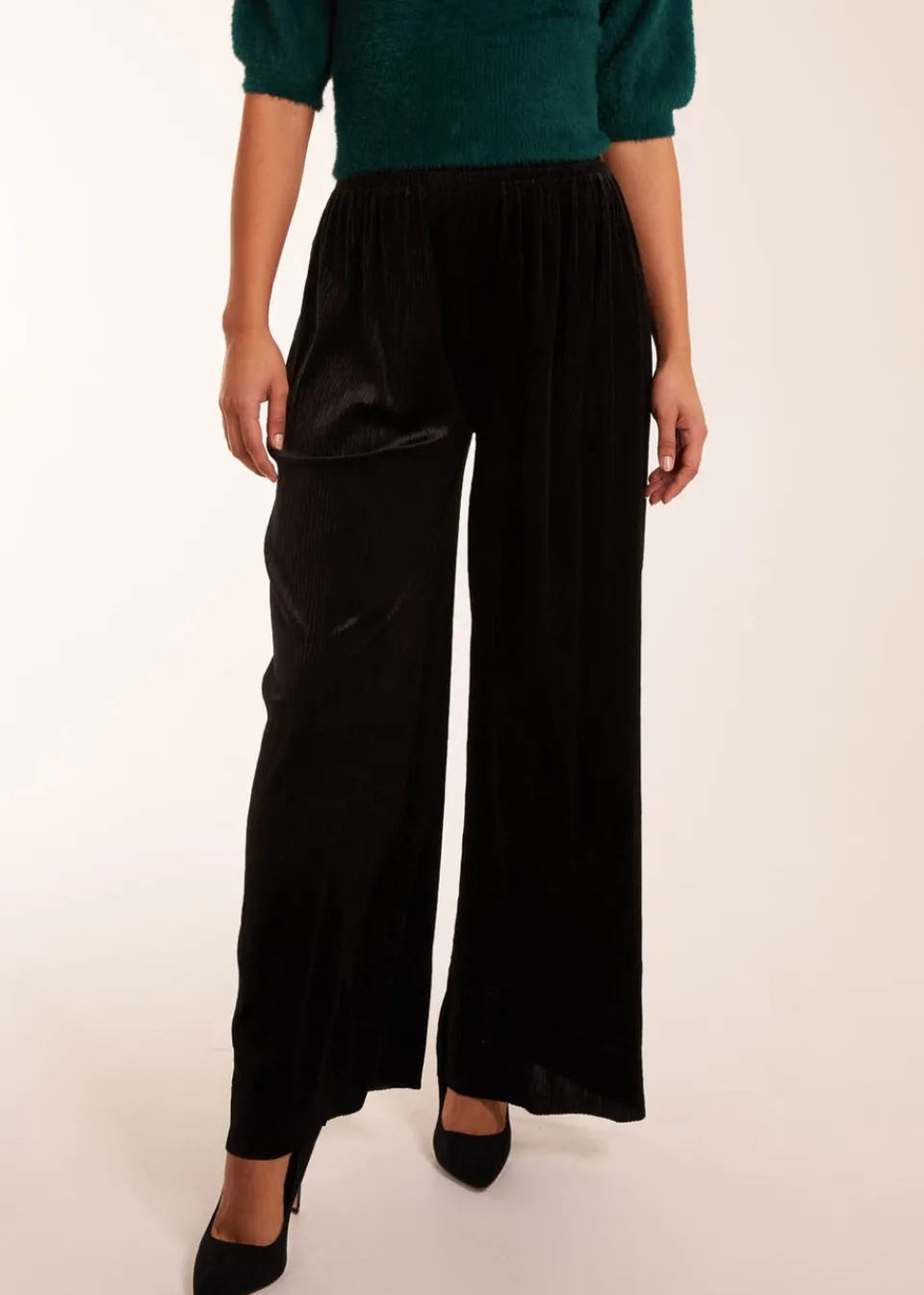 Trousers>Blue Vanilla Black Wide Leg Textured Velour Trouser