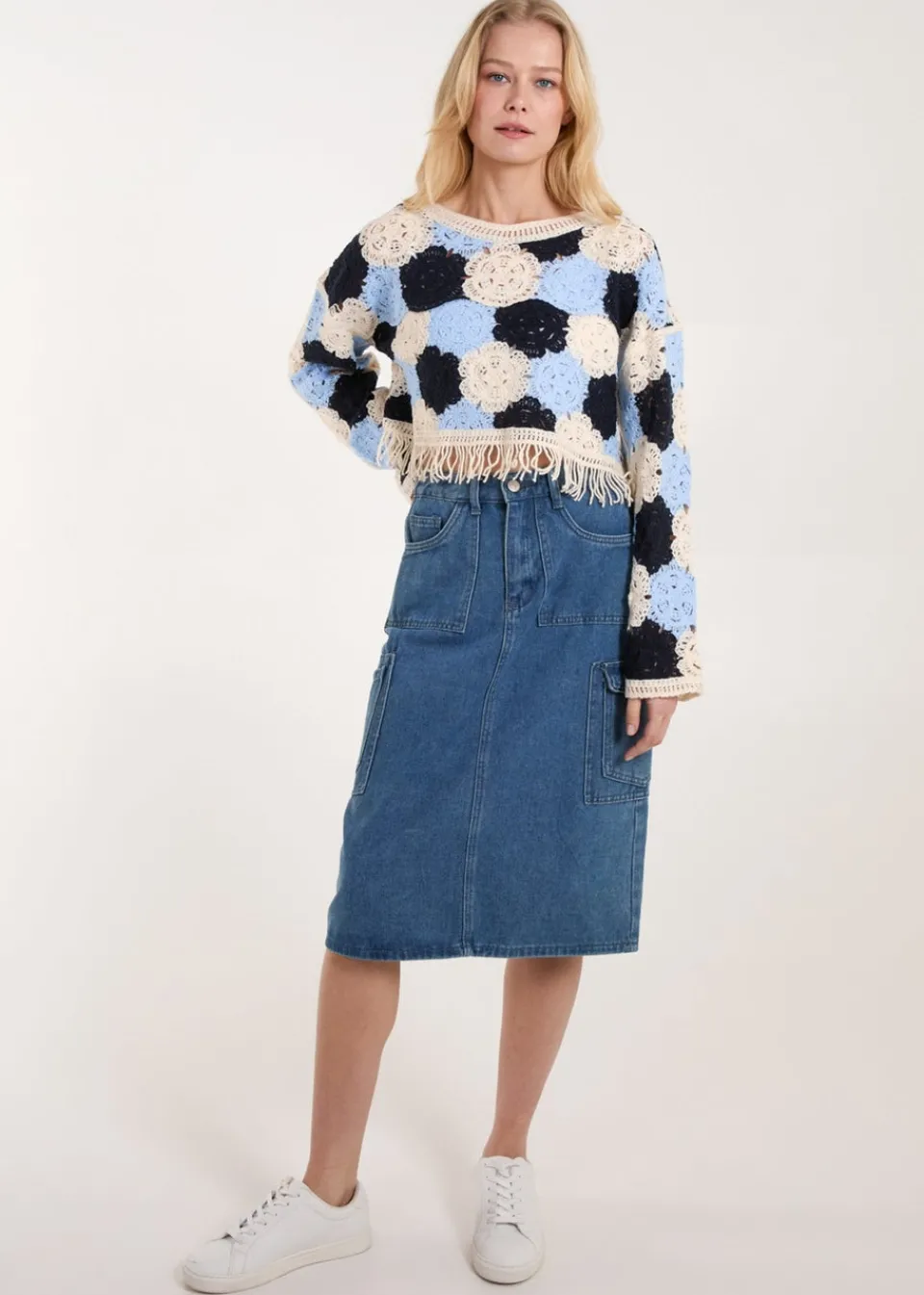 Tops>Blue Vanilla Blue Big Flower Crochet Jumper