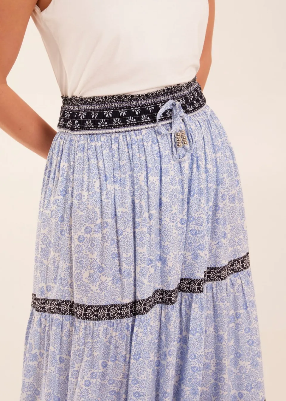 Skirts>Blue Vanilla Blue Contrast Printed Tiered Skirt